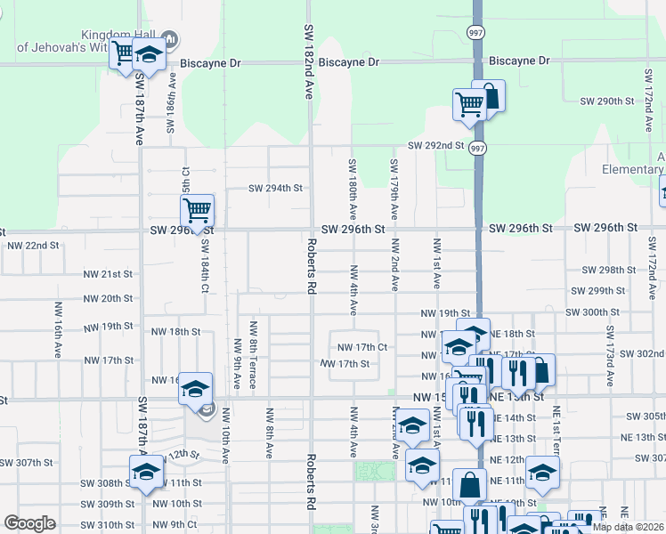 map of restaurants, bars, coffee shops, grocery stores, and more near 404 Northwest 21st Street in Homestead