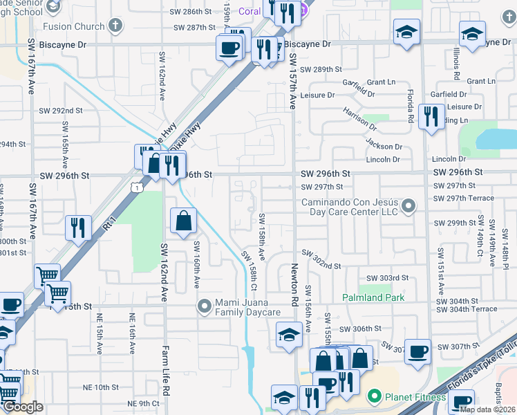 map of restaurants, bars, coffee shops, grocery stores, and more near 29813 Southwest 158th Court in Homestead