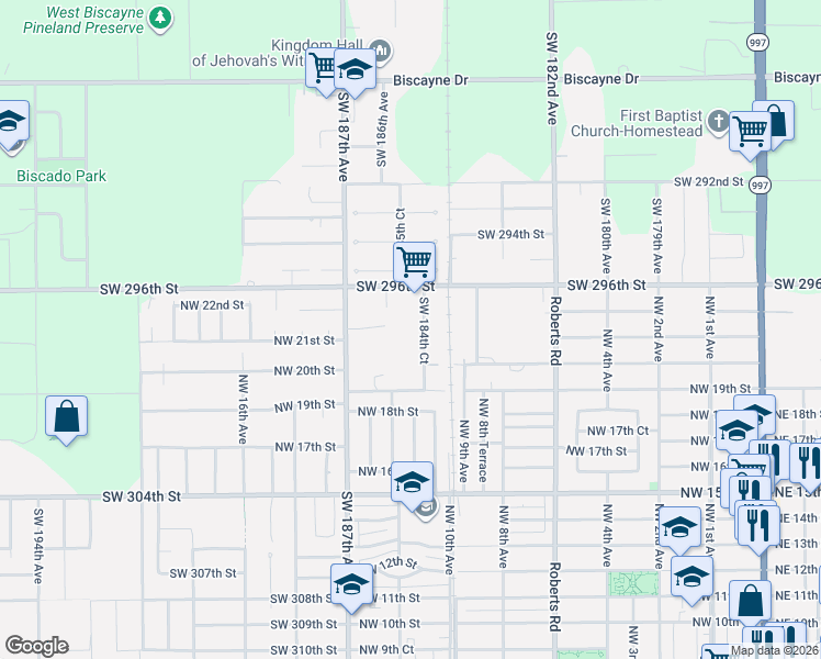 map of restaurants, bars, coffee shops, grocery stores, and more near 29850 Southwest 184th Court in Homestead