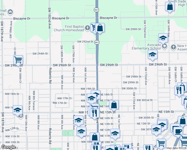 map of restaurants, bars, coffee shops, grocery stores, and more near 2038 North Krome Avenue in Homestead