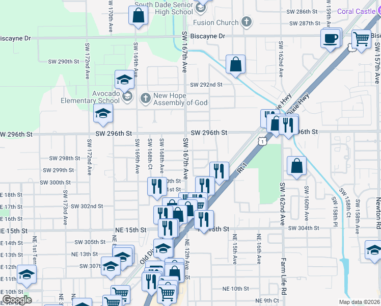 map of restaurants, bars, coffee shops, grocery stores, and more near 29680 Southwest 165th Court in Homestead