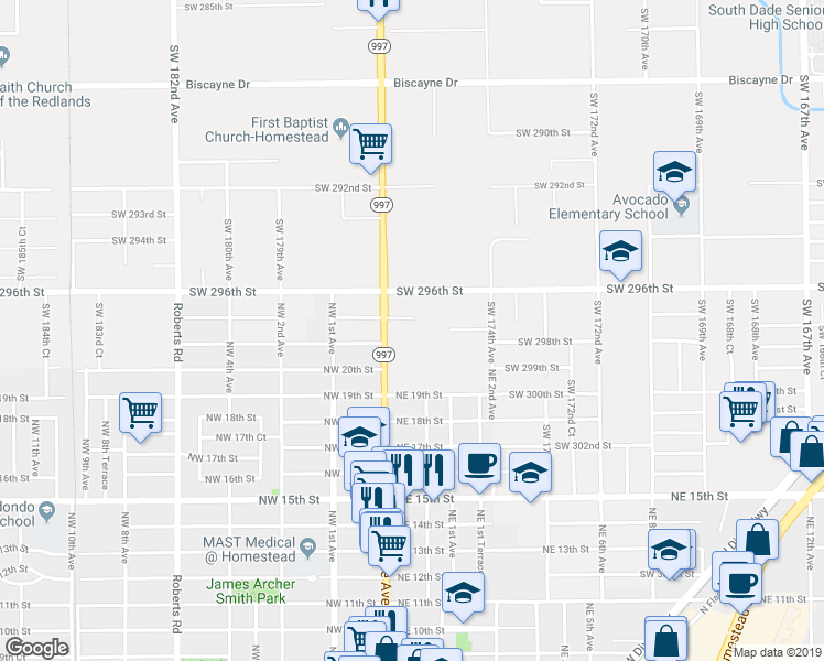 map of restaurants, bars, coffee shops, grocery stores, and more near 29625 Southwest 177th Avenue in Homestead