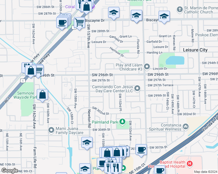 map of restaurants, bars, coffee shops, grocery stores, and more near 15430 Southwest 297th Terrace in Homestead