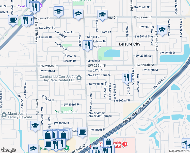 map of restaurants, bars, coffee shops, grocery stores, and more near 14995 Southwest 297th Terrace in Homestead