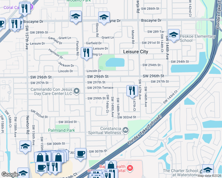map of restaurants, bars, coffee shops, grocery stores, and more near 14925 Southwest 297th Terrace in Homestead