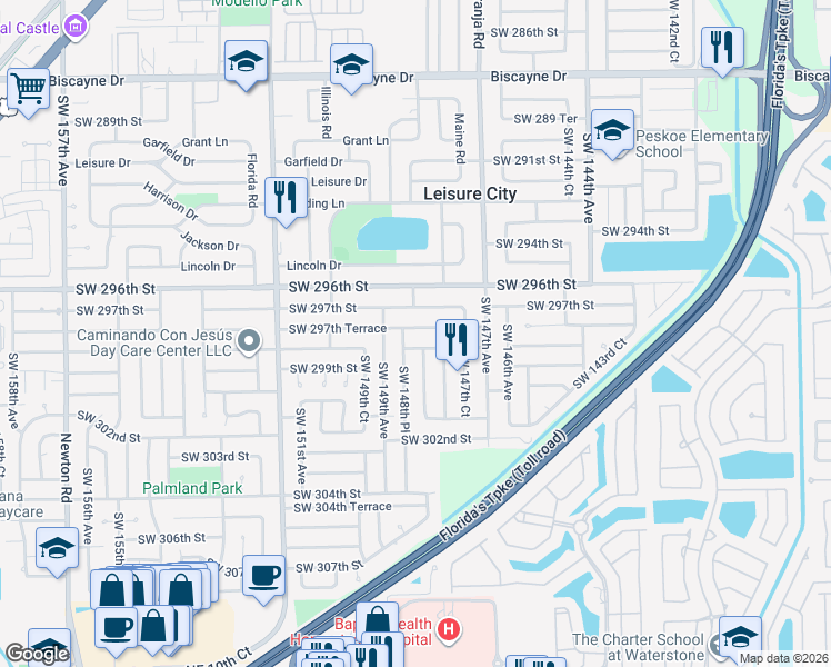 map of restaurants, bars, coffee shops, grocery stores, and more near 14845 Southwest 297th Terrace in Homestead