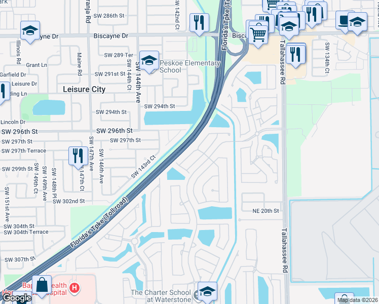 map of restaurants, bars, coffee shops, grocery stores, and more near 29651 Southwest 142nd Court in Homestead