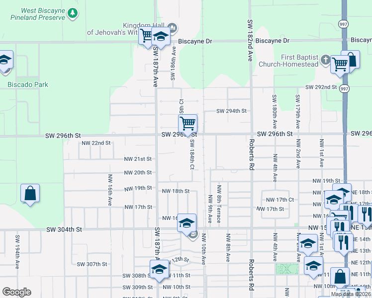 map of restaurants, bars, coffee shops, grocery stores, and more near 18470 Southwest 296th Street in Homestead