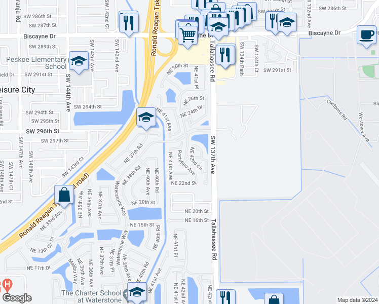 map of restaurants, bars, coffee shops, grocery stores, and more near 2306 Northeast 42nd Circle in Homestead