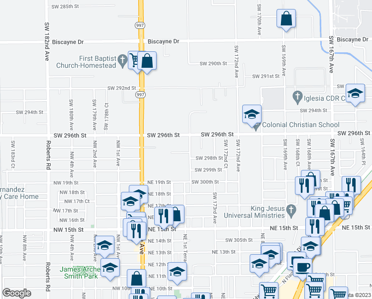 map of restaurants, bars, coffee shops, grocery stores, and more near 17405 Southwest 297th Terrace in Homestead