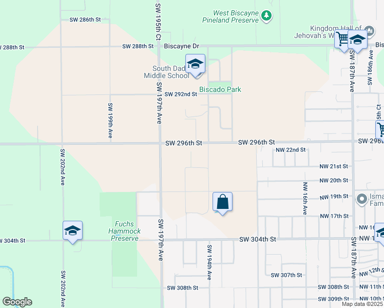 map of restaurants, bars, coffee shops, grocery stores, and more near 19462-19698 Southwest 296th Street in Homestead