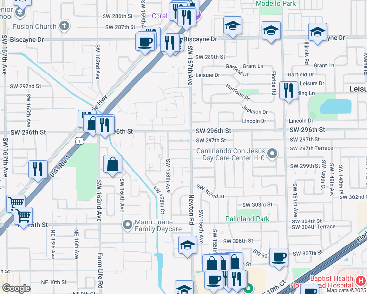 map of restaurants, bars, coffee shops, grocery stores, and more near 15700 Southwest 297th Street in Homestead