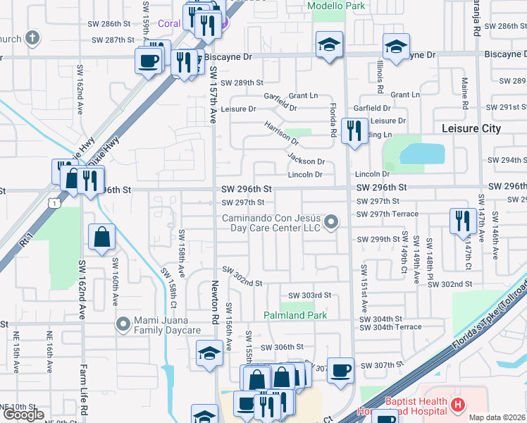 map of restaurants, bars, coffee shops, grocery stores, and more near 15430 Southwest 297th Street in Homestead