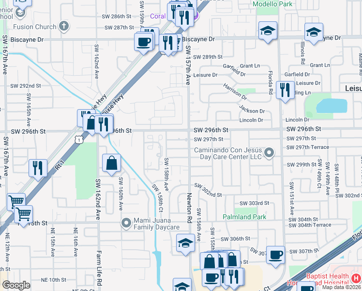 map of restaurants, bars, coffee shops, grocery stores, and more near 15700 Southwest 297th Street in Homestead