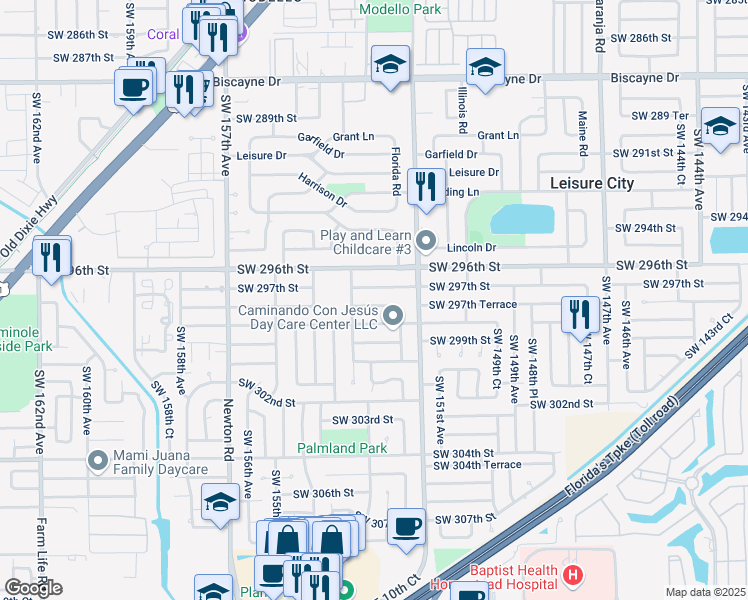 map of restaurants, bars, coffee shops, grocery stores, and more near 15320 Southwest 297th Street in Homestead