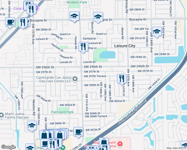 map of restaurants, bars, coffee shops, grocery stores, and more near 14995 Southwest 297th Terrace in Homestead