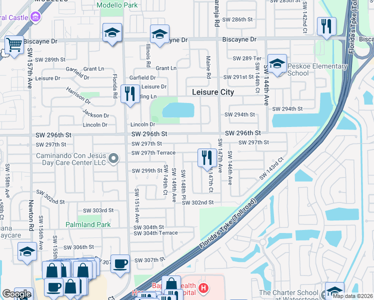 map of restaurants, bars, coffee shops, grocery stores, and more near 14845 Southwest 297th Terrace in Homestead