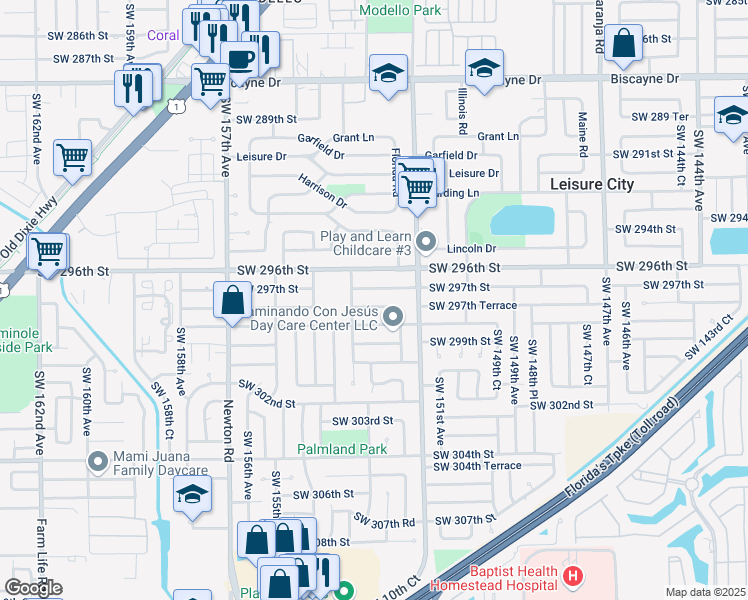 map of restaurants, bars, coffee shops, grocery stores, and more near 15320 Southwest 297th Street in Homestead