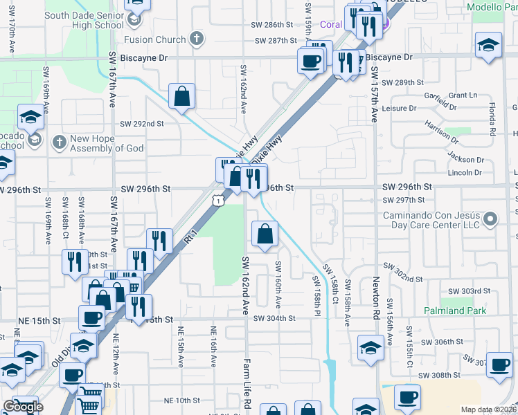 map of restaurants, bars, coffee shops, grocery stores, and more near 16171 Southwest 297th Terrace in Homestead
