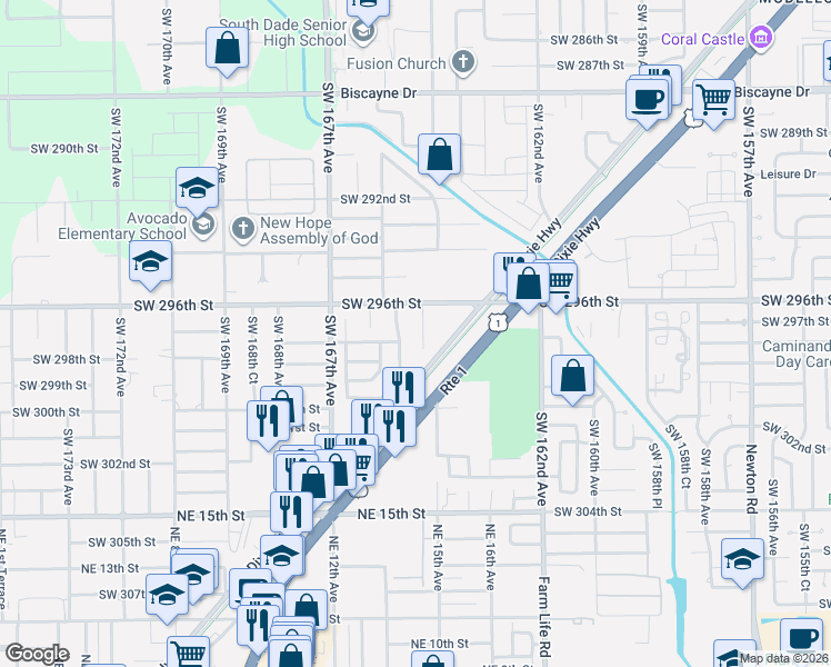 map of restaurants, bars, coffee shops, grocery stores, and more near 29675 Southwest 164th Place in Homestead