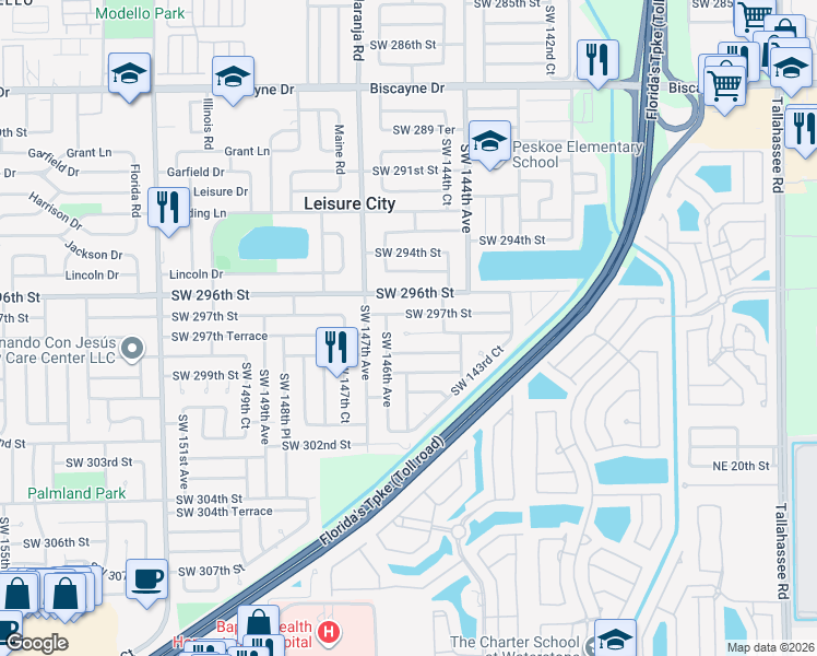 map of restaurants, bars, coffee shops, grocery stores, and more near 14525 Southwest 297th Terrace in Homestead