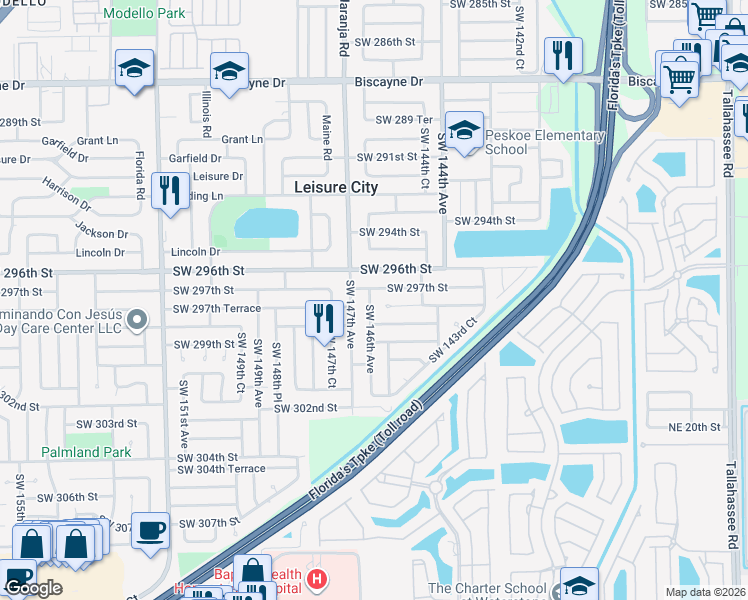 map of restaurants, bars, coffee shops, grocery stores, and more near 14525 Southwest 297th Terrace in Homestead