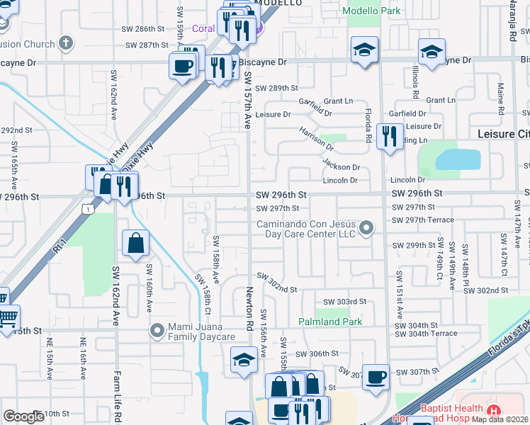 map of restaurants, bars, coffee shops, grocery stores, and more near 15532 Southwest 297th Street in Homestead