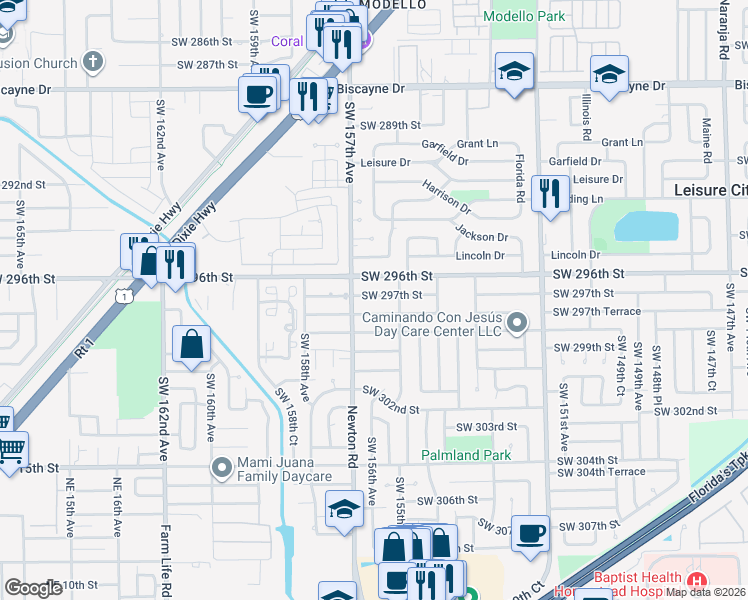 map of restaurants, bars, coffee shops, grocery stores, and more near 15532 Southwest 297th Street in Homestead