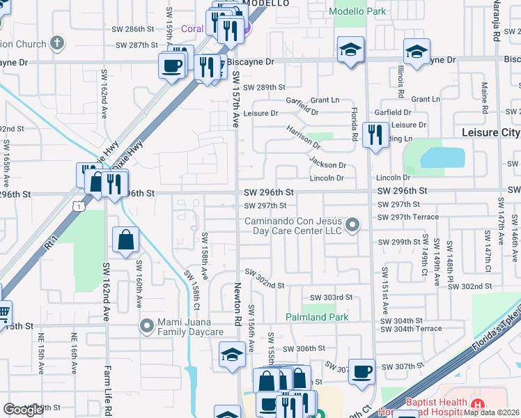 map of restaurants, bars, coffee shops, grocery stores, and more near 15532 Southwest 297th Street in Homestead