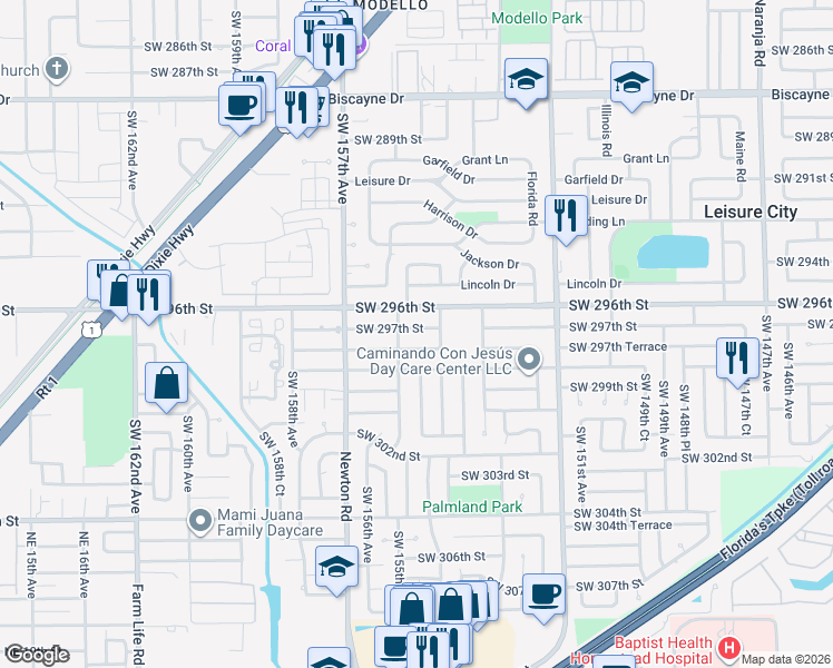 map of restaurants, bars, coffee shops, grocery stores, and more near 15430 Southwest 297th Street in Homestead