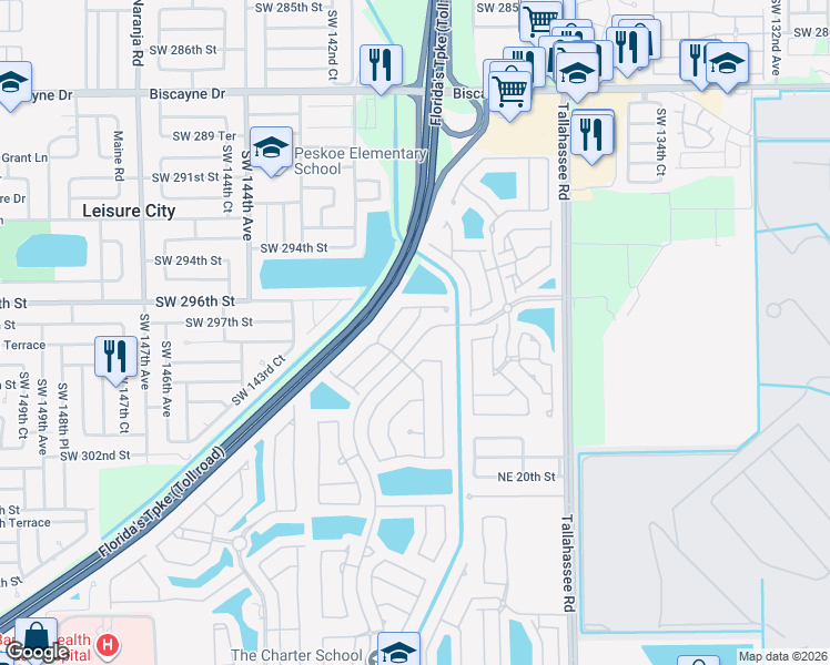 map of restaurants, bars, coffee shops, grocery stores, and more near 2317 Northeast 37th Road in Homestead