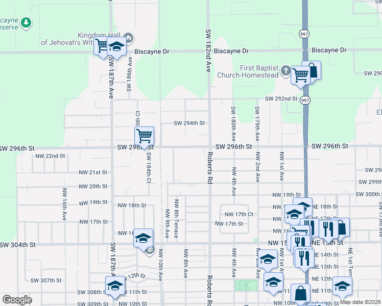 map of restaurants, bars, coffee shops, grocery stores, and more near 18270 Southwest 296th Street in Homestead