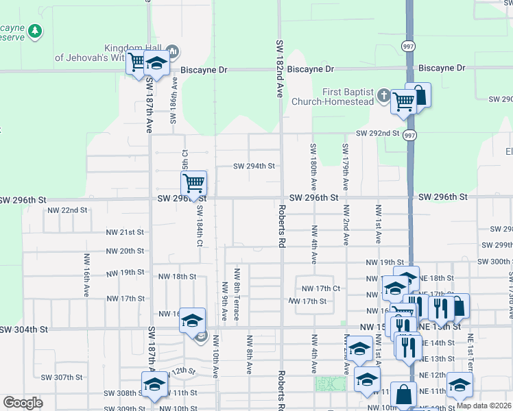 map of restaurants, bars, coffee shops, grocery stores, and more near 18270 Southwest 296th Street in Homestead