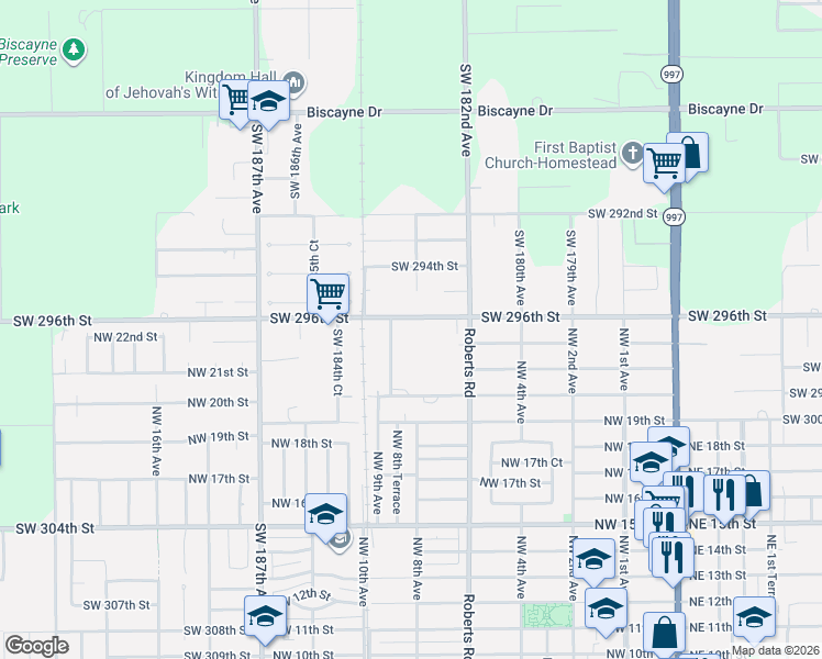 map of restaurants, bars, coffee shops, grocery stores, and more near 29601-29795 Southwest 183rd Court in Homestead