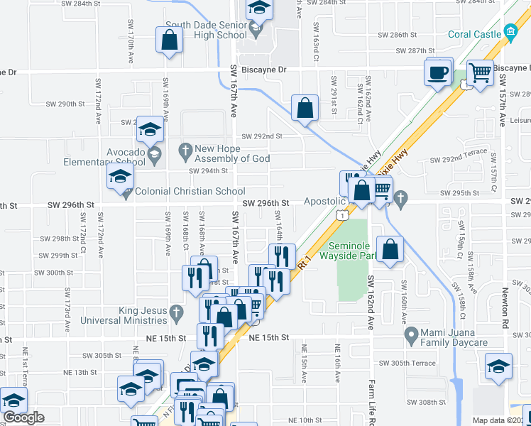 map of restaurants, bars, coffee shops, grocery stores, and more near 29641 Southwest 165th Court in Homestead