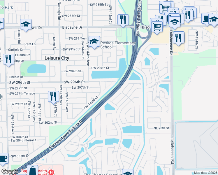 map of restaurants, bars, coffee shops, grocery stores, and more near 29651 Southwest 142nd Court in Homestead