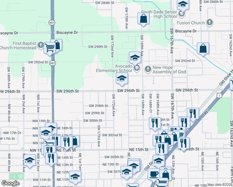 map of restaurants, bars, coffee shops, grocery stores, and more near 2614 Northeast 41st Road in Homestead