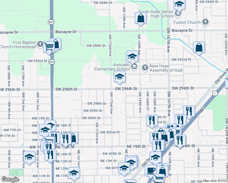 map of restaurants, bars, coffee shops, grocery stores, and more near 2614 Northeast 41st Road in Homestead