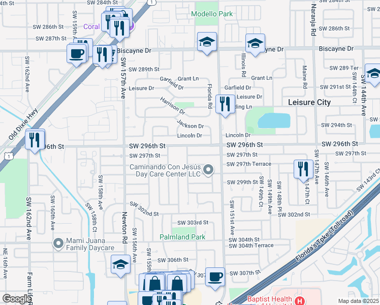 map of restaurants, bars, coffee shops, grocery stores, and more near 15320 Southwest 297th Street in Homestead