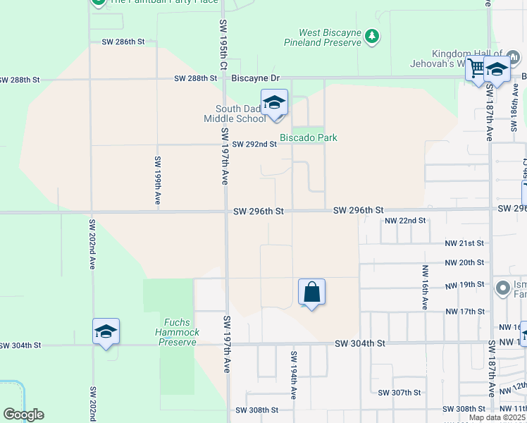 map of restaurants, bars, coffee shops, grocery stores, and more near 19462 Southwest 296th Street in Homestead