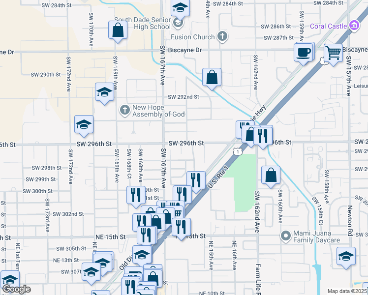 map of restaurants, bars, coffee shops, grocery stores, and more near 29680 Southwest 165th Court in Homestead