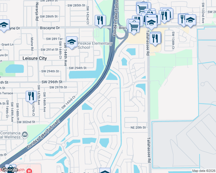 map of restaurants, bars, coffee shops, grocery stores, and more near 2317 Northeast 37th Road in Homestead