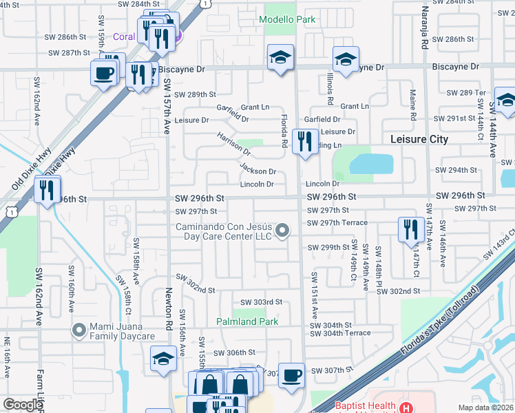 map of restaurants, bars, coffee shops, grocery stores, and more near 15320 Southwest 297th Street in Homestead