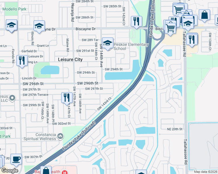 map of restaurants, bars, coffee shops, grocery stores, and more near 14381 Southwest 297th Street in Homestead