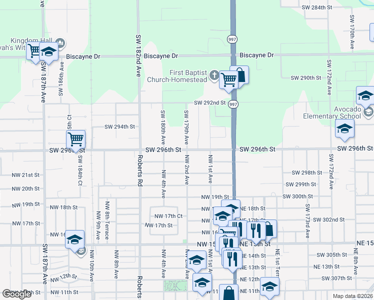 map of restaurants, bars, coffee shops, grocery stores, and more near 29520 Southwest 179th Avenue in Homestead