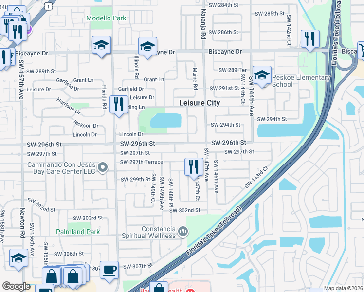 map of restaurants, bars, coffee shops, grocery stores, and more near 14841 Southwest 296th Street in Homestead