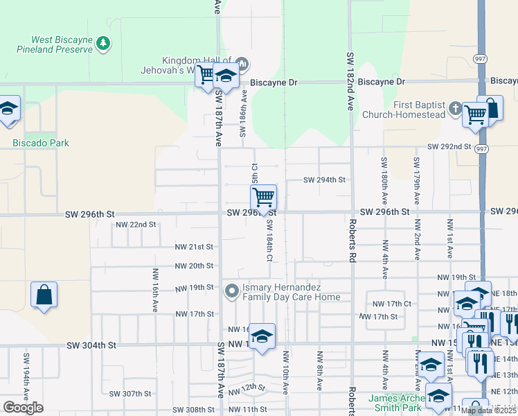 map of restaurants, bars, coffee shops, grocery stores, and more near 18495 Southwest 295th Terrace in Homestead