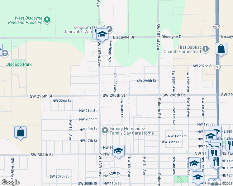 map of restaurants, bars, coffee shops, grocery stores, and more near 18495 Southwest 295th Terrace in Homestead