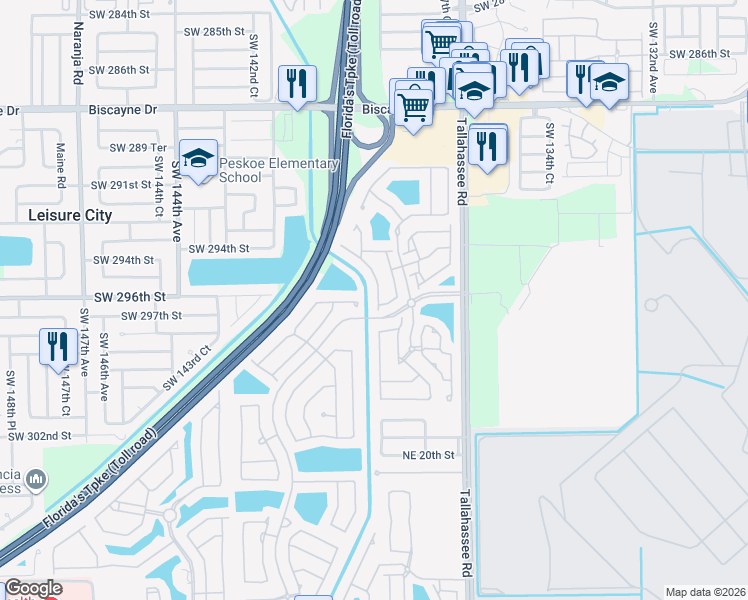 map of restaurants, bars, coffee shops, grocery stores, and more near 2518 Northeast 41st Avenue in Homestead