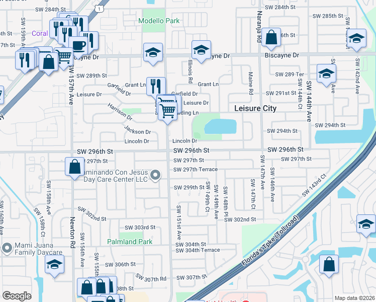 map of restaurants, bars, coffee shops, grocery stores, and more near 14981 Southwest 296th Street in Homestead